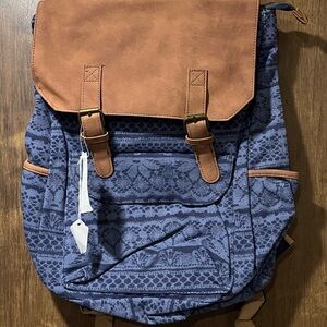 Blue Patterned With Brown Flip That Buckles Backpack